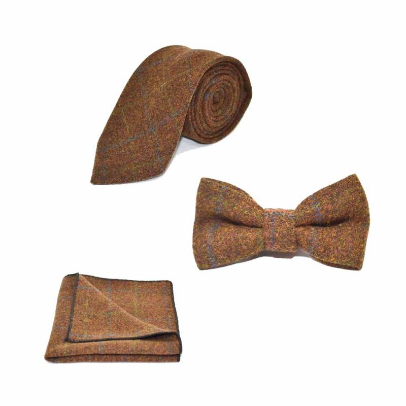 king & priory Heritage Check Cedar Brown Bow Tie Tie & Pocket Square Set