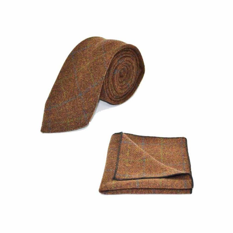 King & Priory Heritage Check Cedar Brown Tie & Pocket Square Set Boxed