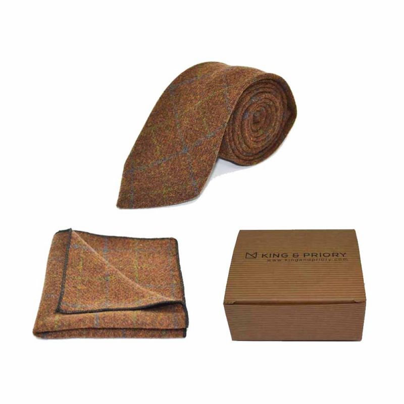 king & priory Heritage Check Cedar Brown Tie & Pocket Square Set Boxed
