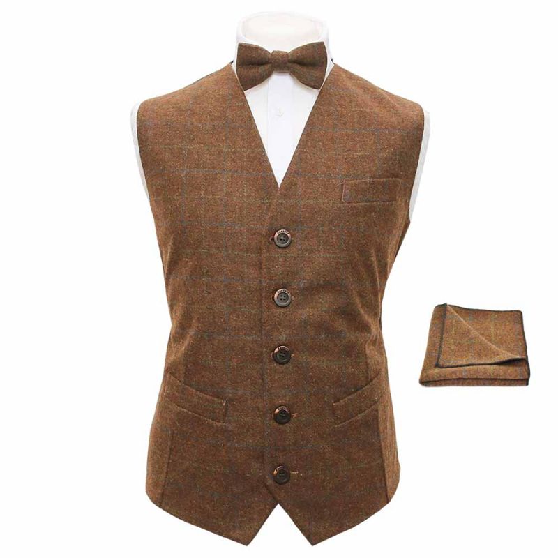 king & priory Heritage Check Cedar Brown Waistcoat Bow Tie & Pocket Square Set
