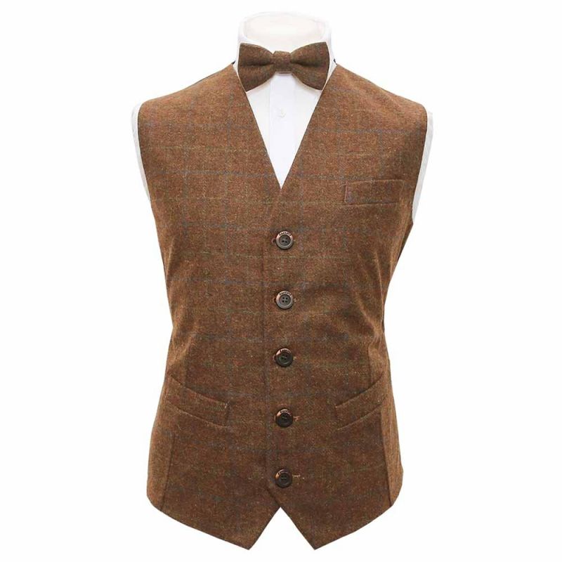 king & priory Heritage Check Cedar Brown Waistcoat & Bow Tie Set