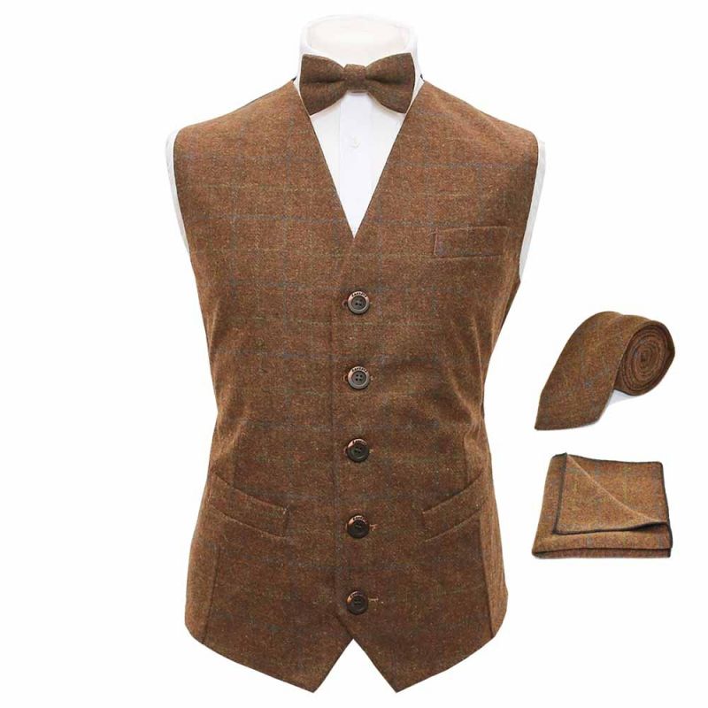 king & priory Heritage Check Cedar Brown Waistcoat Bow Tie Tie & Pocket Square Set