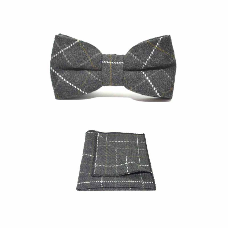 King & Priory Heritage Check Charcoal Grey Bow Tie & Pocket Square Set Boxed