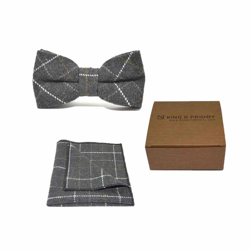 king & priory Heritage Check Charcoal Grey Bow Tie & Pocket Square Set Boxed