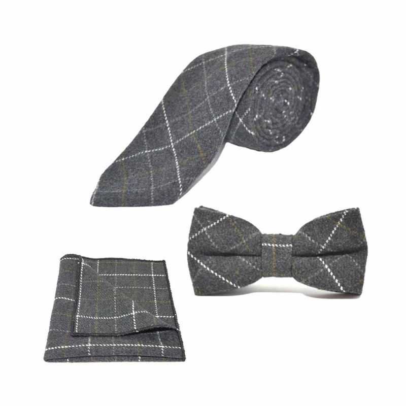 King & Priory Heritage Check Charcoal Grey Bow Tie Tie & Pocket Square Set Boxed