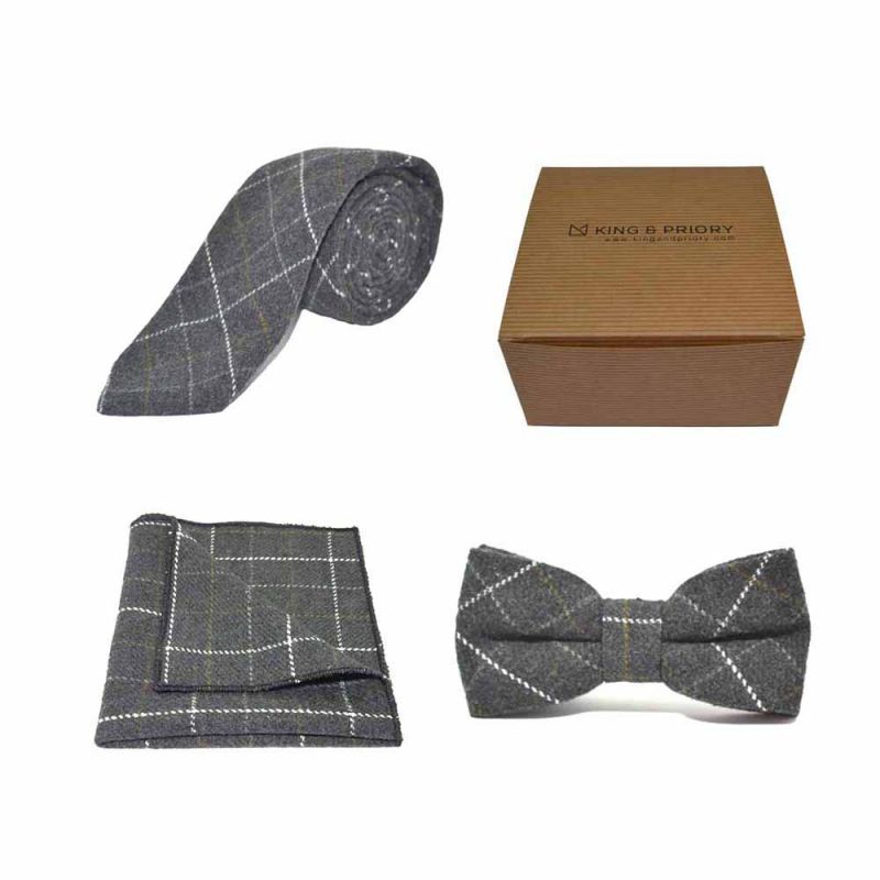 king & priory Heritage Check Charcoal Grey Bow Tie Tie & Pocket Square Set Boxed