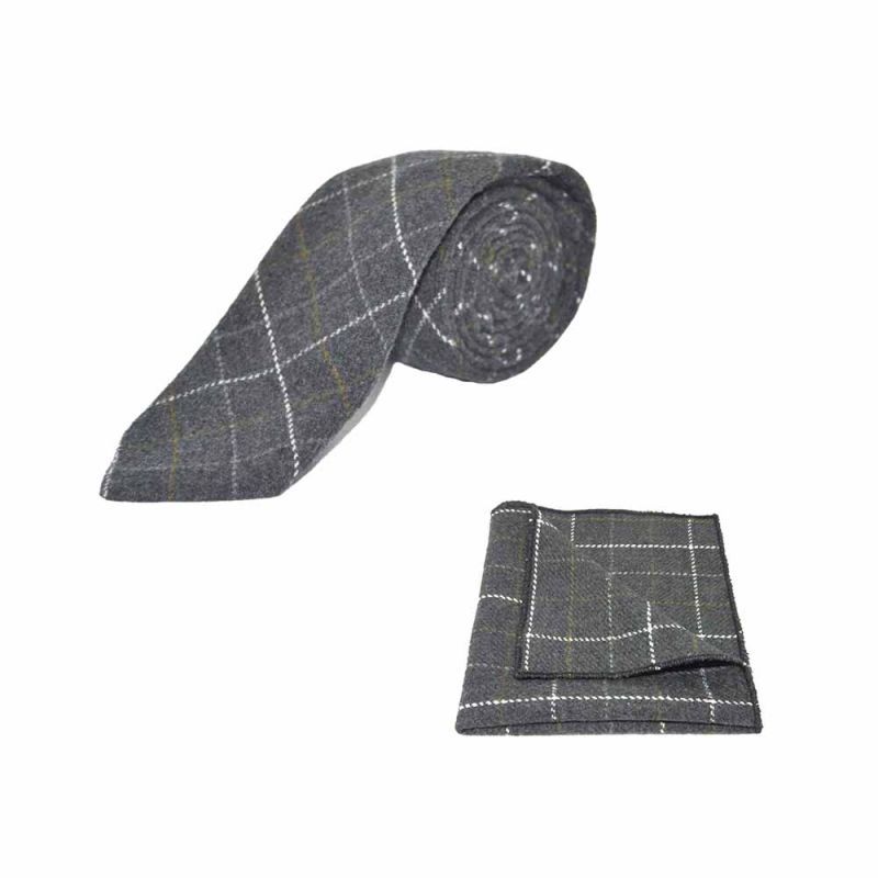 King & Priory Heritage Check Charcoal Grey Tie & Pocket Square Set Boxed