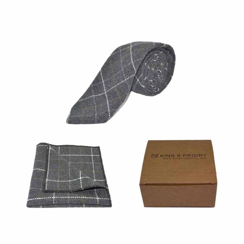 king & priory Heritage Check Charcoal Grey Tie & Pocket Square Set Boxed