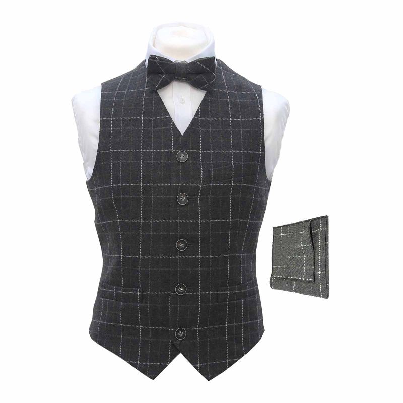 king & priory Heritage Check Charcoal Grey Waistcoat & Matching Bow Tie & Pocket Square
