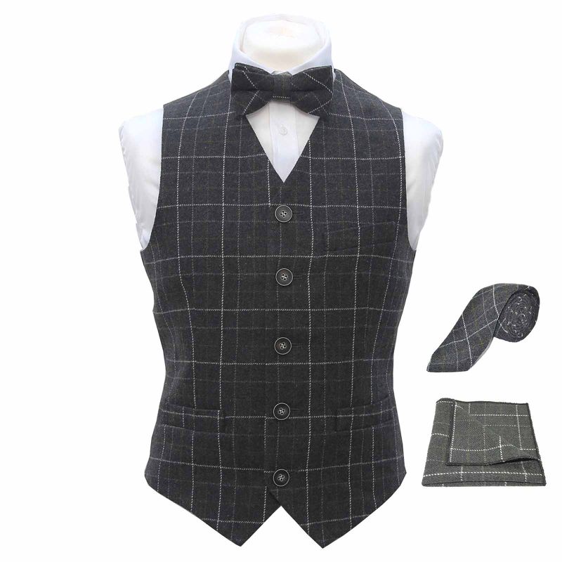 king & priory Heritage Check Charcoal Grey Waistcoat & Matching Bow Tie Tie & Pocket Square