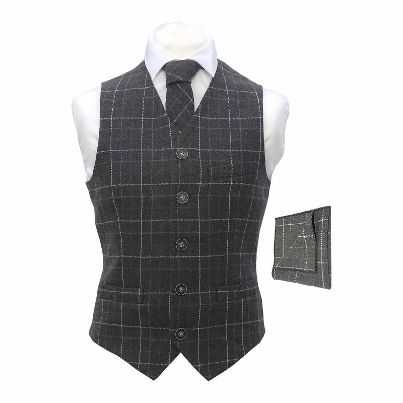 king & priory Heritage Check Charcoal Grey Waistcoat & Matching Tie & Pocket Square