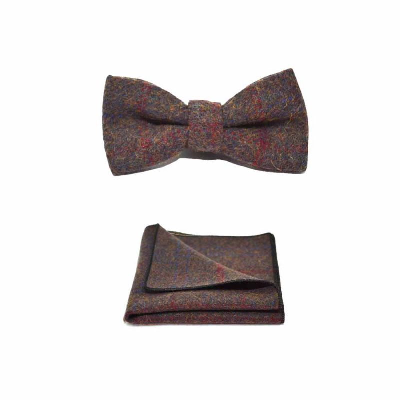 King & Priory Heritage Check Earth Brown Bow Tie & Pocket Square Set Boxed
