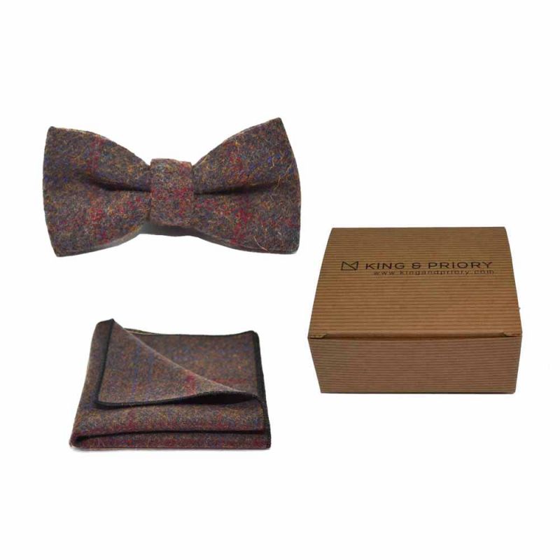 king & priory Heritage Check Earth Brown Bow Tie & Pocket Square Set Boxed
