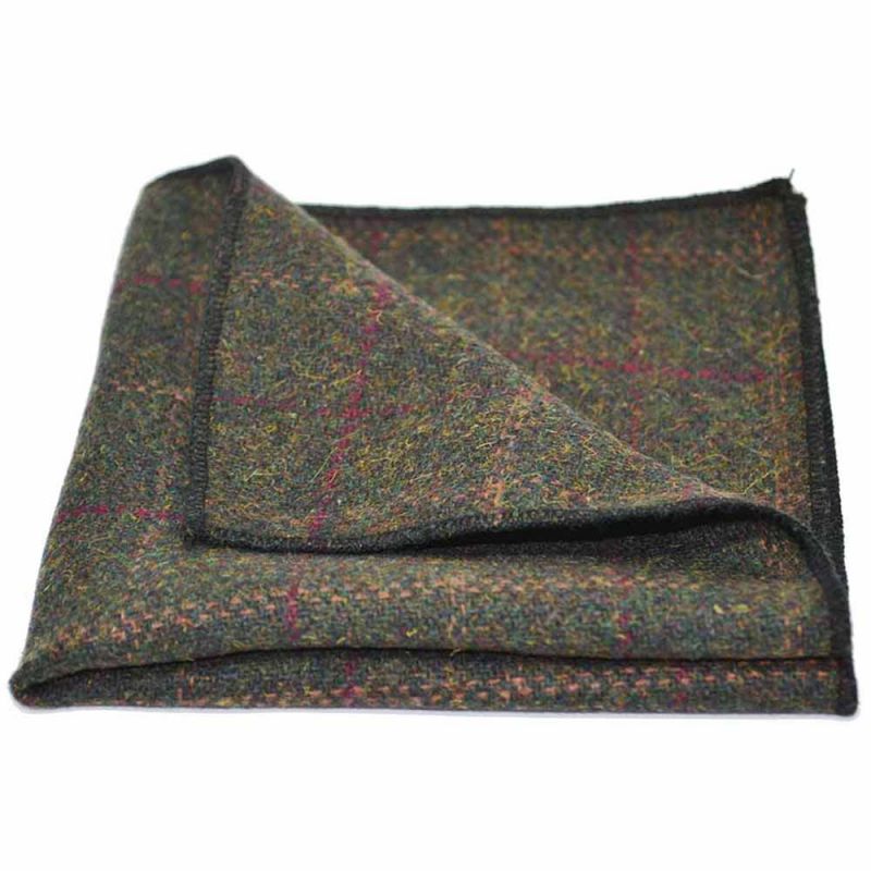 King & Priory Heritage Check Moss Green Bow Tie & Pocket Square Set Boxed