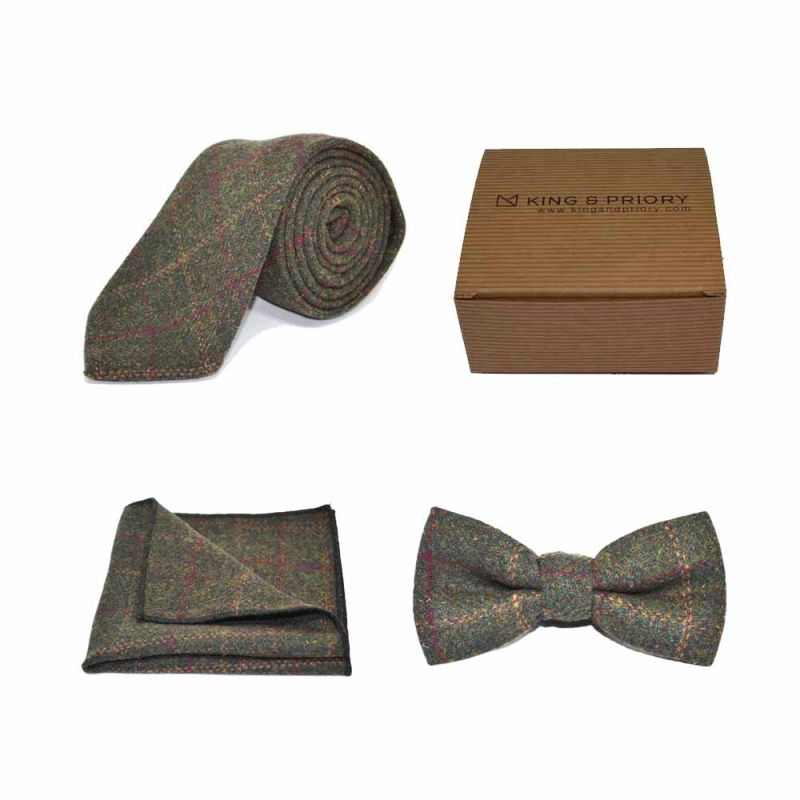 king & priory Heritage Check Moss Green Bow Tie Tie & Pocket Square Set Boxed