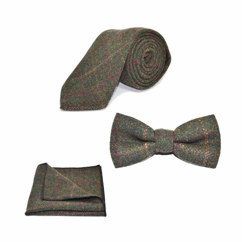 king & priory Heritage Check Moss Green Bow Tie Tie & Pocket Square Set