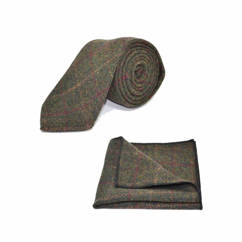 king & priory Heritage Check Moss Green Tie & Pocket Square Set