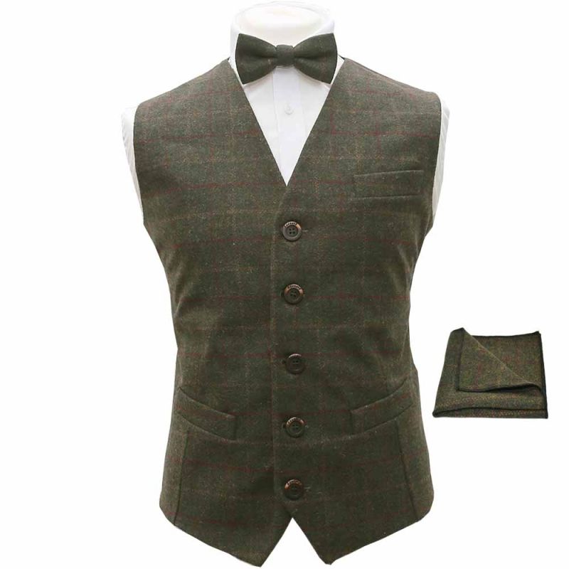 king & priory Heritage Check Moss Green Waistcoat Bow Tie & Pocket Square Set