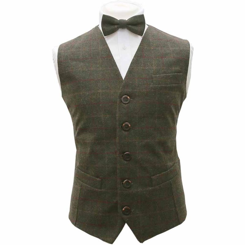 king & priory Heritage Check Moss Green Waistcoat & Bow Tie Set