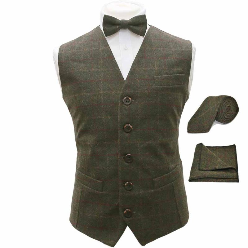 king & priory Heritage Check Moss Green Waistcoat Bow Tie Tie & Pocket Square Set