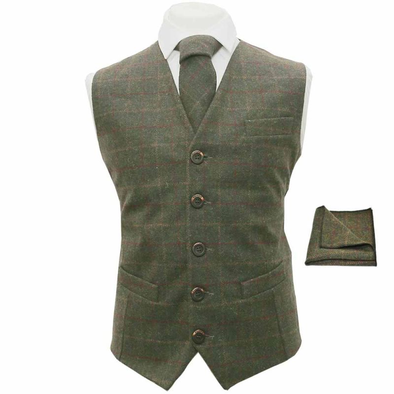 king & priory Heritage Check Moss Green Waistcoat Tie & Pocket Square Set