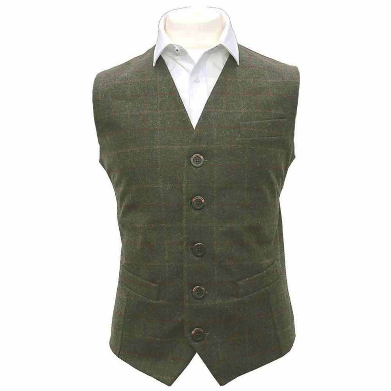 King & Priory Heritage Check Moss Green Waistcoat & Tie Set