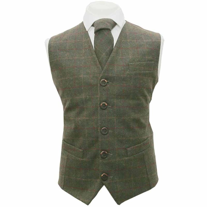 king & priory Heritage Check Moss Green Waistcoat & Tie Set