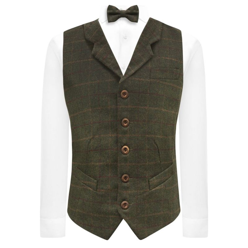 King & Priory Heritage Check Moss Green Waistcoat With Lapel
