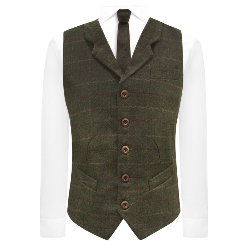 King & Priory Heritage Check Moss Green Waistcoat With Lapel