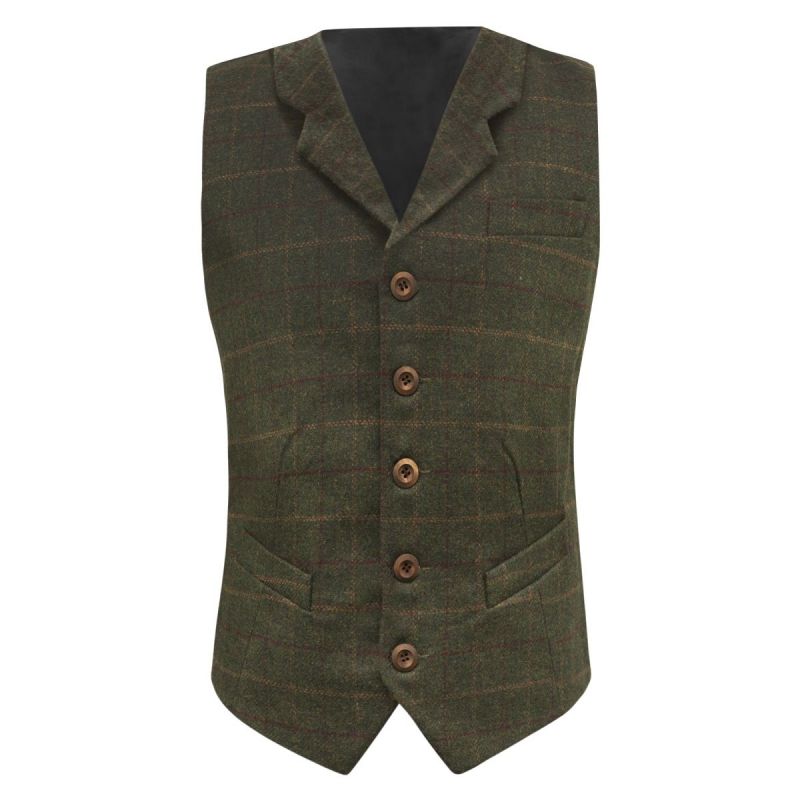 King & Priory Heritage Check Moss Green Waistcoat With Lapel