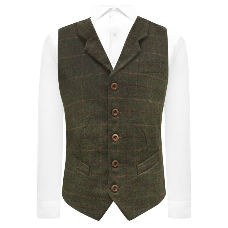 king & priory Heritage Check Moss Green Waistcoat with Lapel
