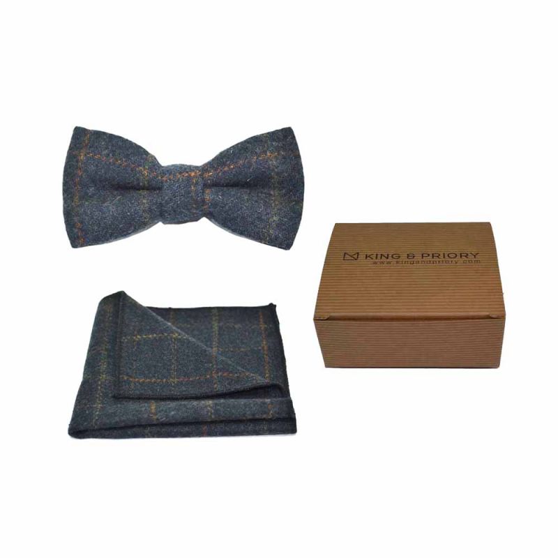 king & priory Heritage Check Navy Blue Bow Tie & Pocket Square Set Boxed
