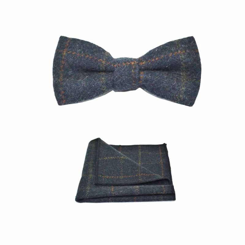 king & priory Heritage Check Navy Blue Bow Tie & Pocket Square Set
