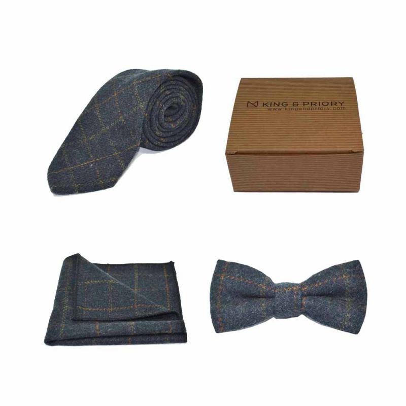 king & priory Heritage Check Navy Blue Bow Tie Tie & Pocket Square Set Boxed