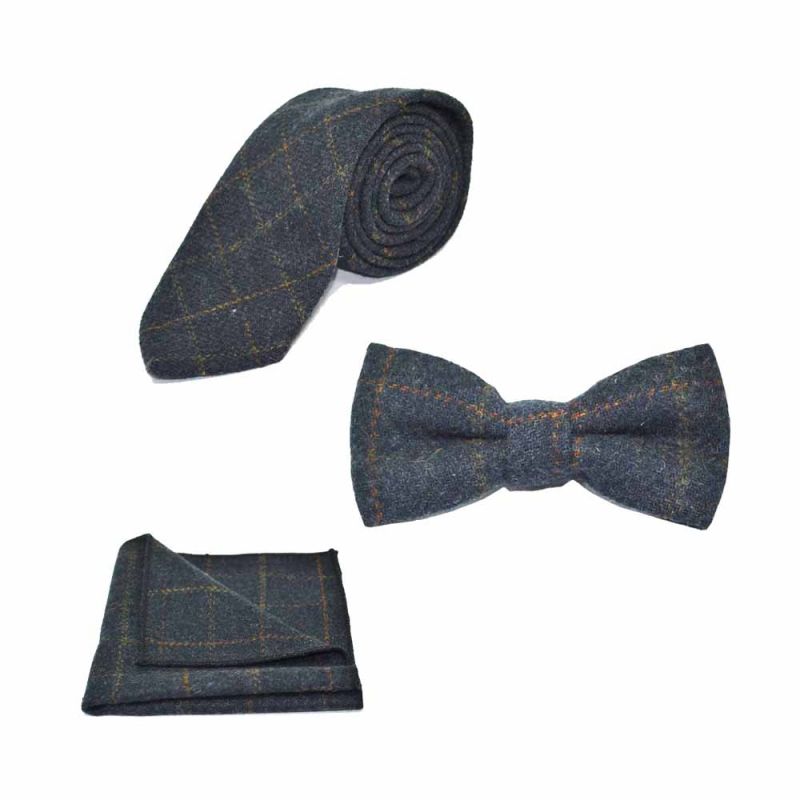 king & priory Heritage Check Navy Blue Bow Tie Tie & Pocket Square Set