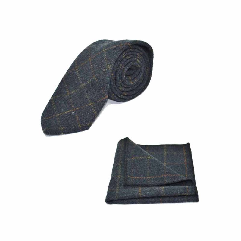 King & Priory Heritage Check Navy Blue Tie & Pocket Square Set Boxed