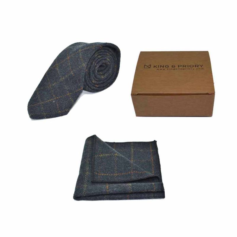 king & priory Heritage Check Navy Blue Tie & Pocket Square Set Boxed