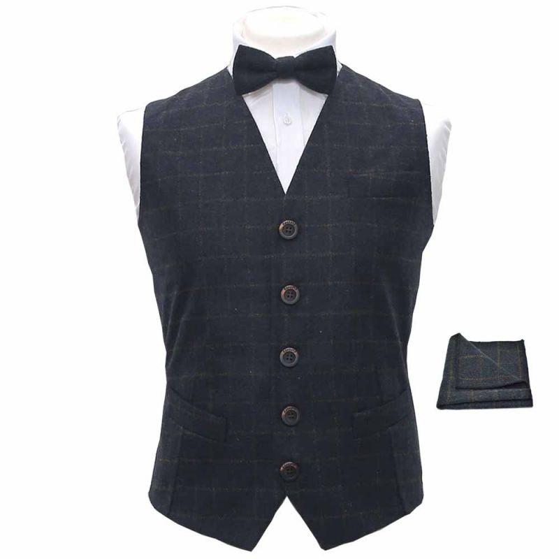 king & priory Heritage Check Navy Blue Waistcoat Bow Tie & Pocket Square Set