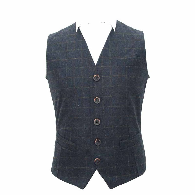 King & Priory Heritage Check Navy Blue Waistcoat & Bow Tie Set