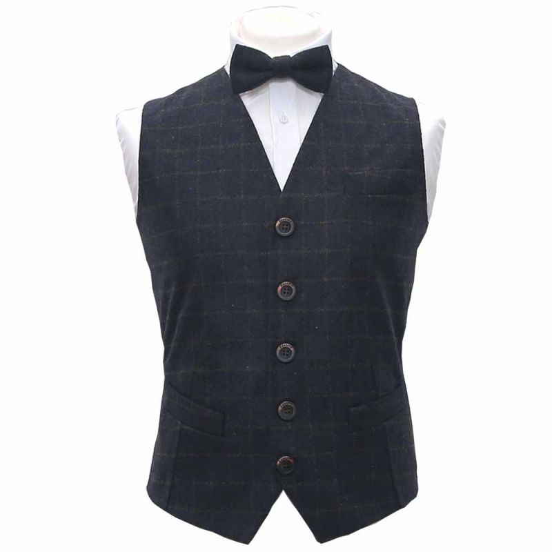 king & priory Heritage Check Navy Blue Waistcoat & Bow Tie Set