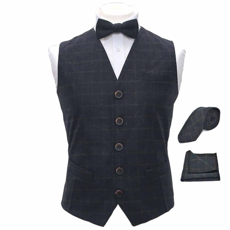 king & priory Heritage Check Navy Blue Waistcoat Bow Tie Tie & Pocket Square Set