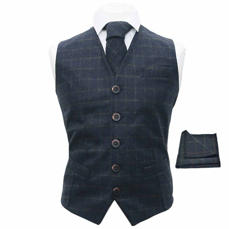 king & priory Heritage Check Navy Blue Waistcoat Tie & Pocket Square Set