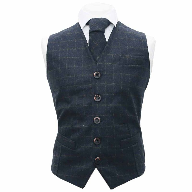 King & Priory Heritage Check Navy Blue Waistcoat & Tie Set