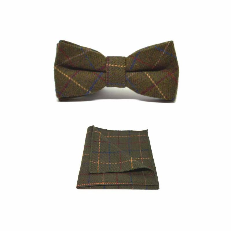 King & Priory Heritage Check Regency Green Bow Tie & Pocket Square Set Boxed