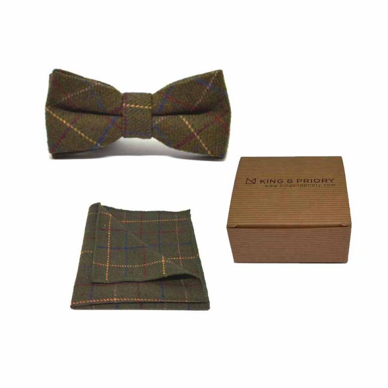 king & priory Heritage Check Regency Green Bow Tie & Pocket Square Set Boxed
