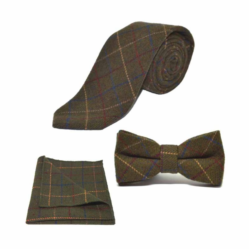 king & priory Heritage Check Regency Green Bow Tie Tie & Pocket Square Set