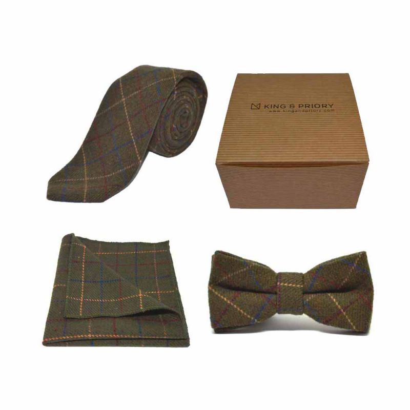 king & priory Heritage Check Regency Green Bow Tie Tie & Pocket Square Set Boxed
