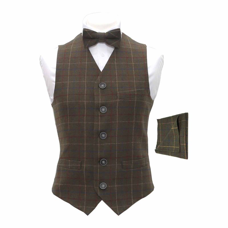king & priory Heritage Check Regency Green Waistcoat & Matching Bow Tie & Pocket Square