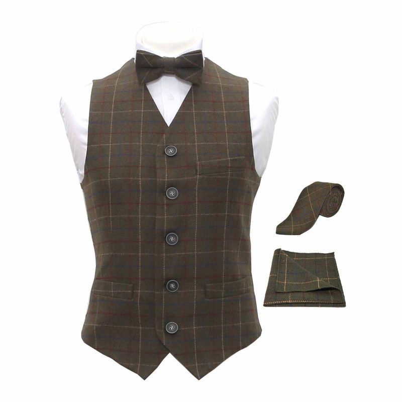 king & priory Heritage Check Regency Green Waistcoat & Matching Bow Tie Tie & Pocket Square