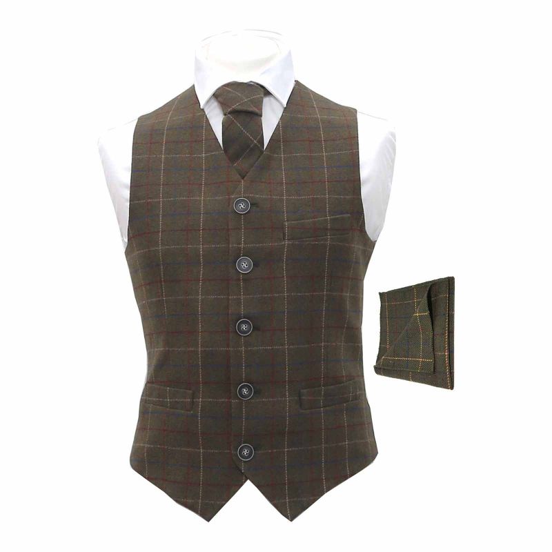 king & priory Heritage Check Regency Green Waistcoat & Matching Tie & Pocket Square